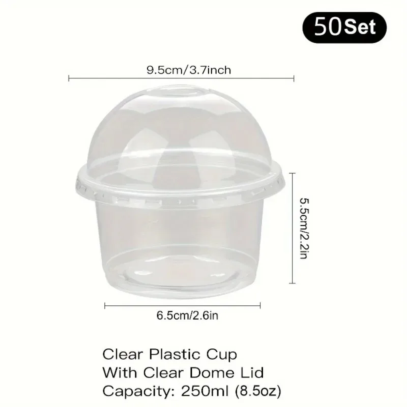 new 50pcs 250ml disposable salad cup transparent plastic dessert cups bowls container with dome/flat lids for ice cream cupcake