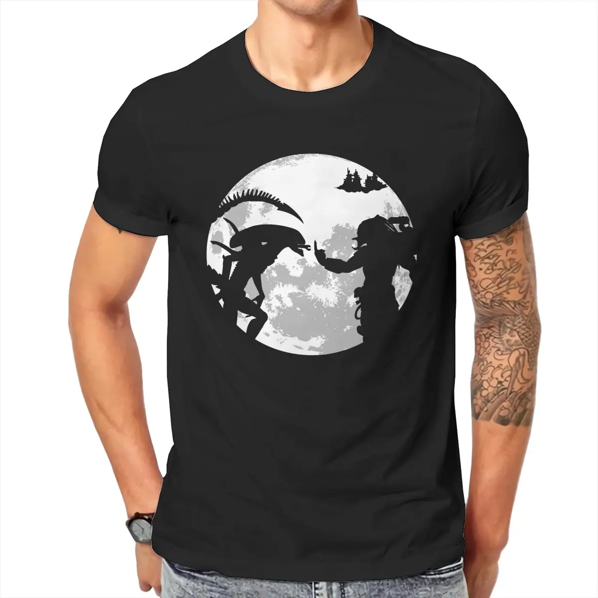 Alien Predator moon MONSTER plus size T-Shirt for Men 100% Cotton Leisure Alien vs predator hunter horor  mens graphic tshirts