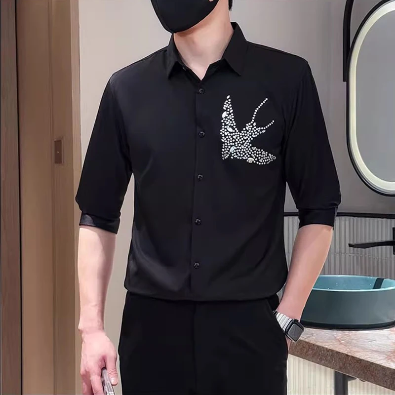 

Luxury Fake Diamond Bird Shirts for Man Summer Spring Casual Half Sleeve Men's Shirt Tops Trendy Handsome Party Prom Men Blouse