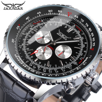 Jaragar AVIGATOR Series Men Mechanical Automatic Watch Military Pilot Black Leather Strap Sport Self-Wind 3 Sub Dial Man Watches