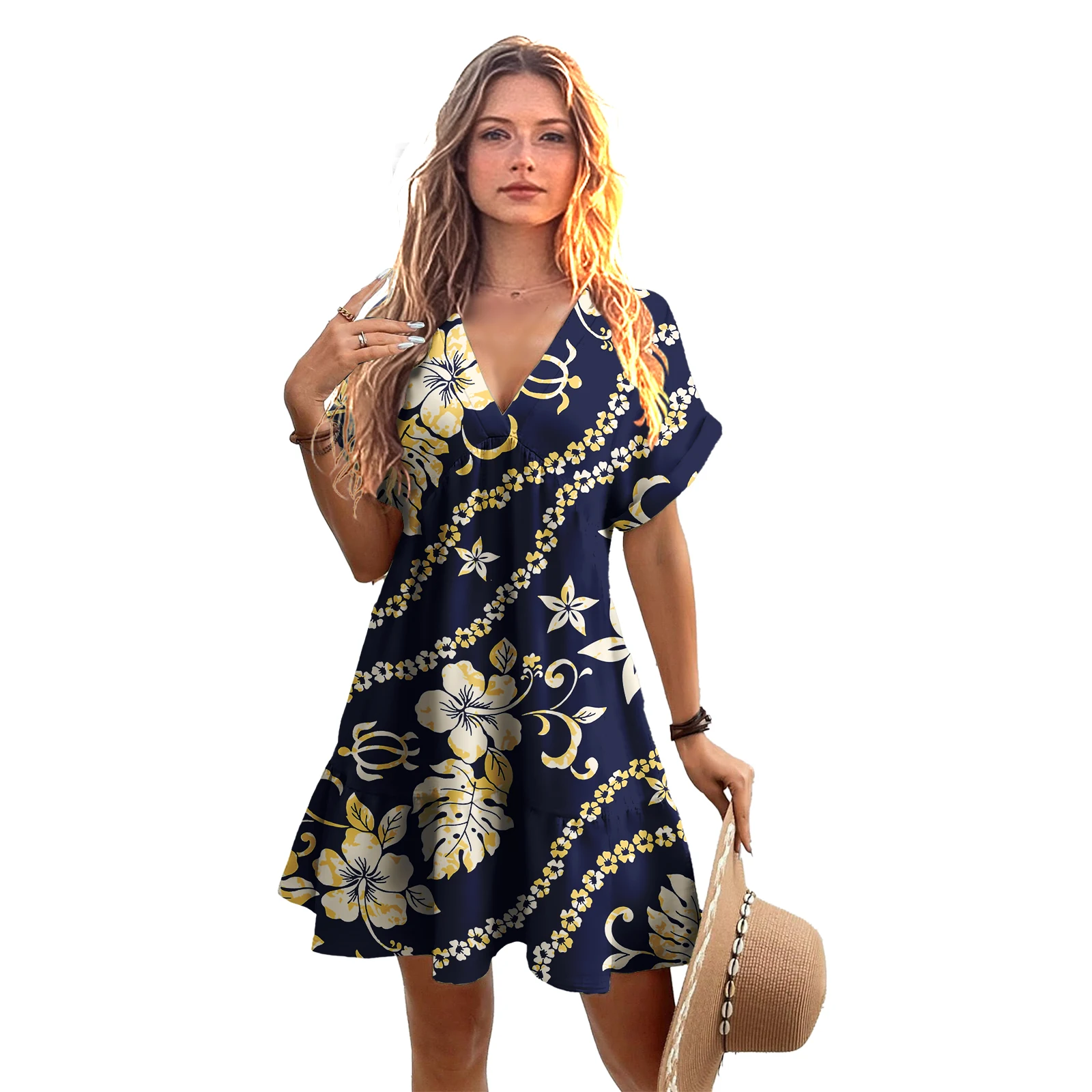 Low MOQ Upscale Dress V-Neck Ruffles Ladies Clothes Custom Hawaiian Hibiscus Print Pua Kenikeni Design Women Elegant Short Dress view 6