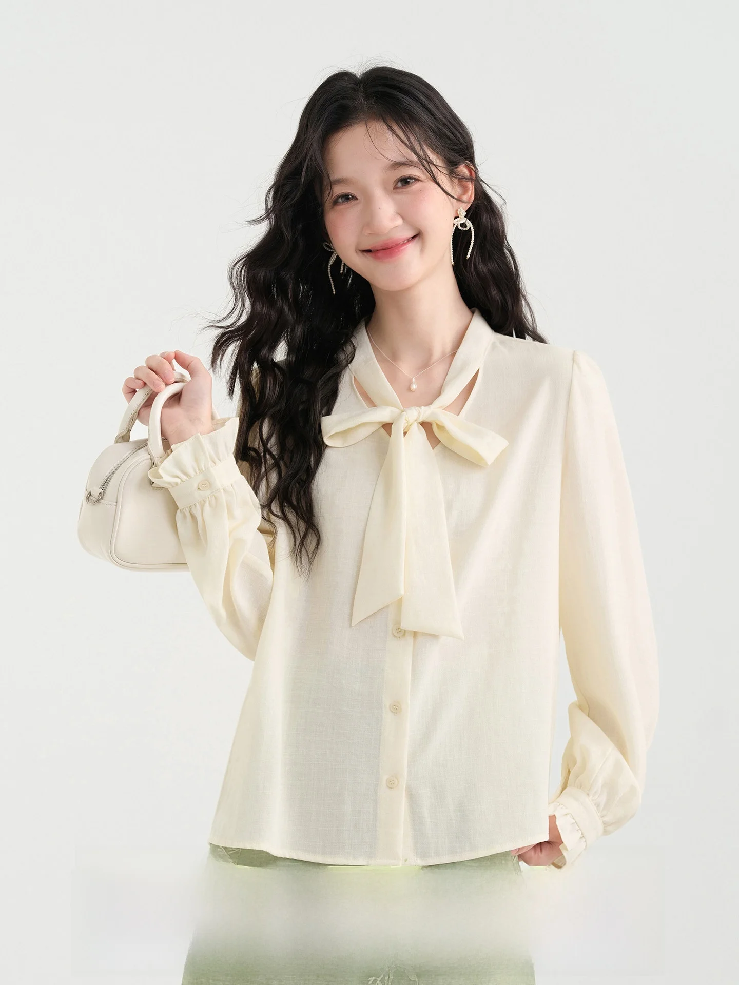 

Women's Long Sleeve Shirt Spring Commute Interview Knot Tie Professional Cotton Breathable Loose Fit Button up