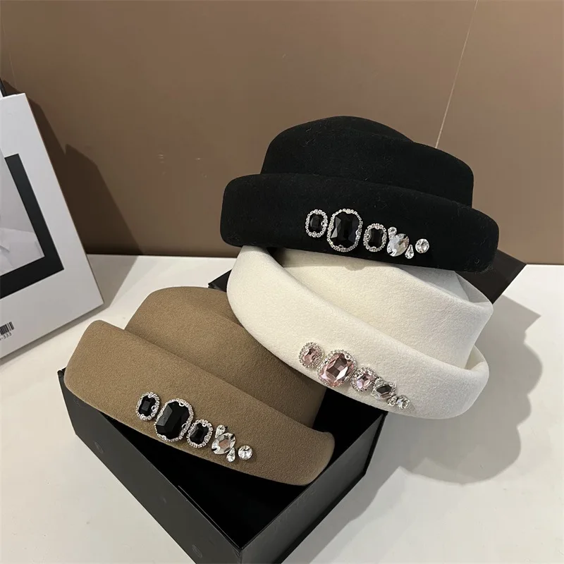 High quality rhinestone wool top hat Korean version versatile beret fashion retro style painter\'s hat church dress bucket hat