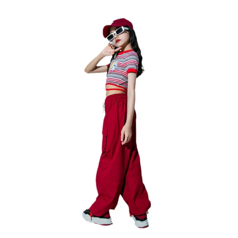 Criança hip hop roupas bonito listra rendas até colheita topo t camisa vinho vermelho rua jogger calças de carga para menina jazz dança traje roupas