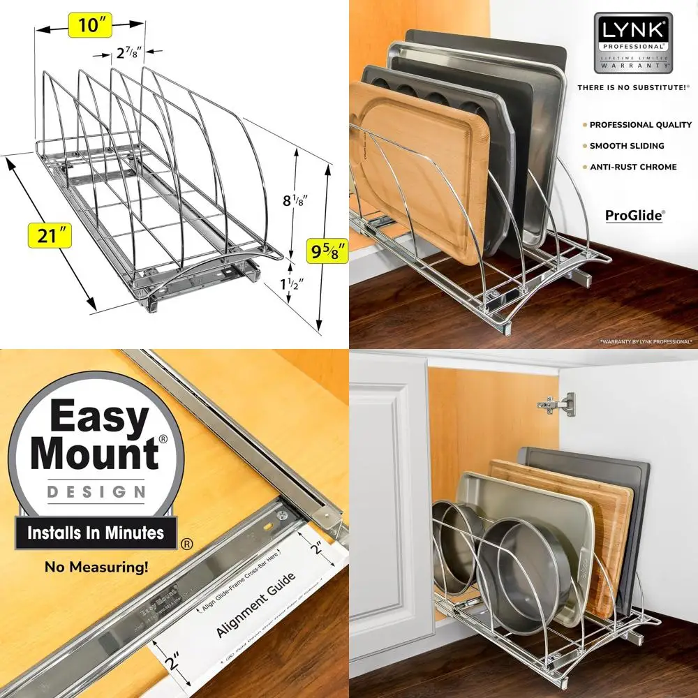 

Slide-Out Kitchen Organizer: 10 x 21 Deep, Chrome, for Cutting Boards, Cookie Sheets & Baking Pans with Lifetime Warranty