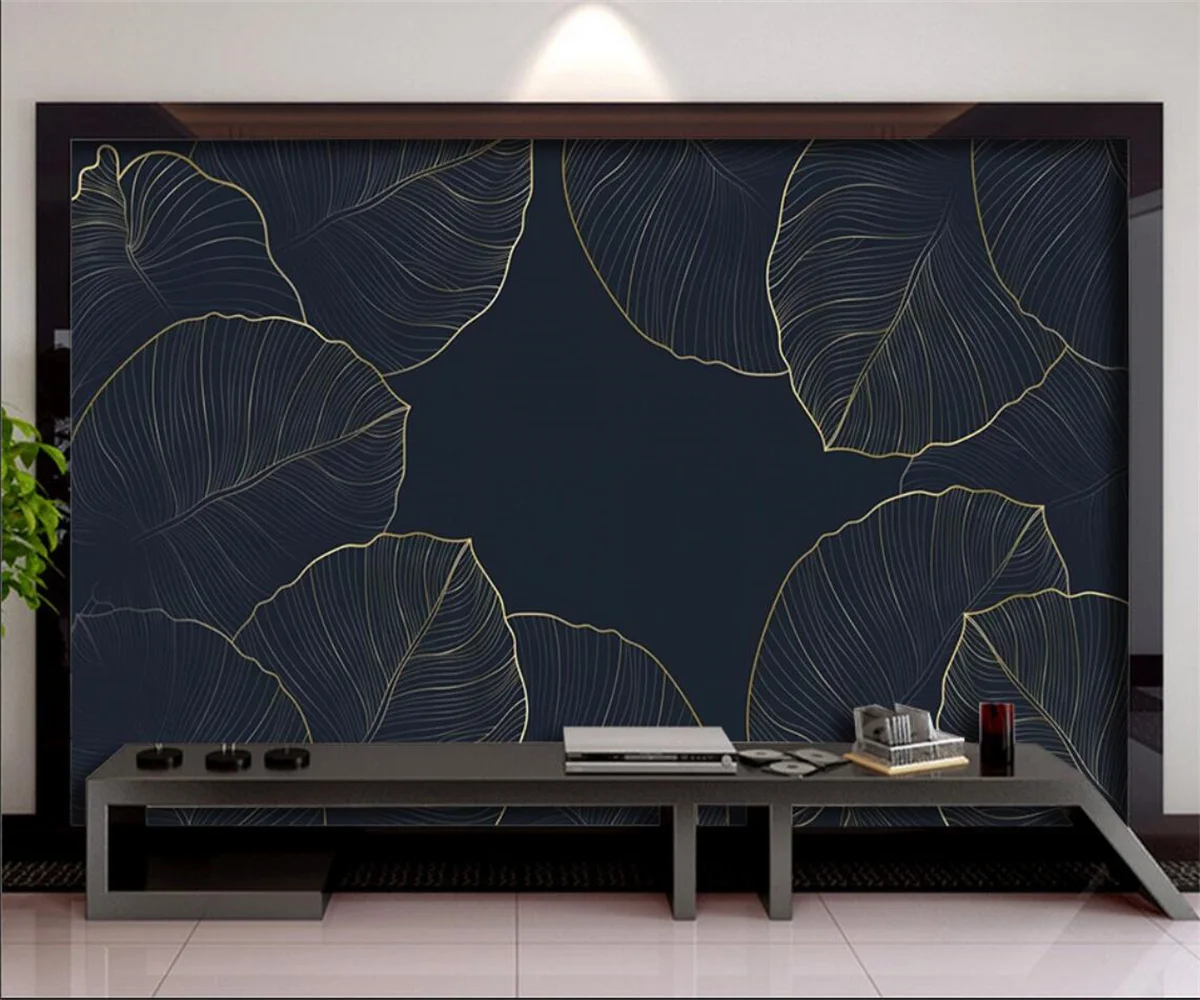 Customized photo wallpaper, vintage Southeast Asian leaves, golden lines leaf murals, home decor, blue leaf tapestries wallpaper