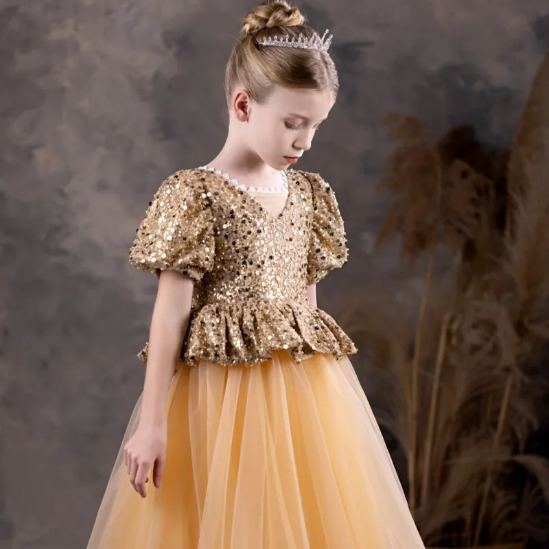 Jill Wish Luxury Shiny Champagne  Flower Girl Dress Sequined Princess A-Line Gown for Kids Wedding Birthday Party Pageant J131