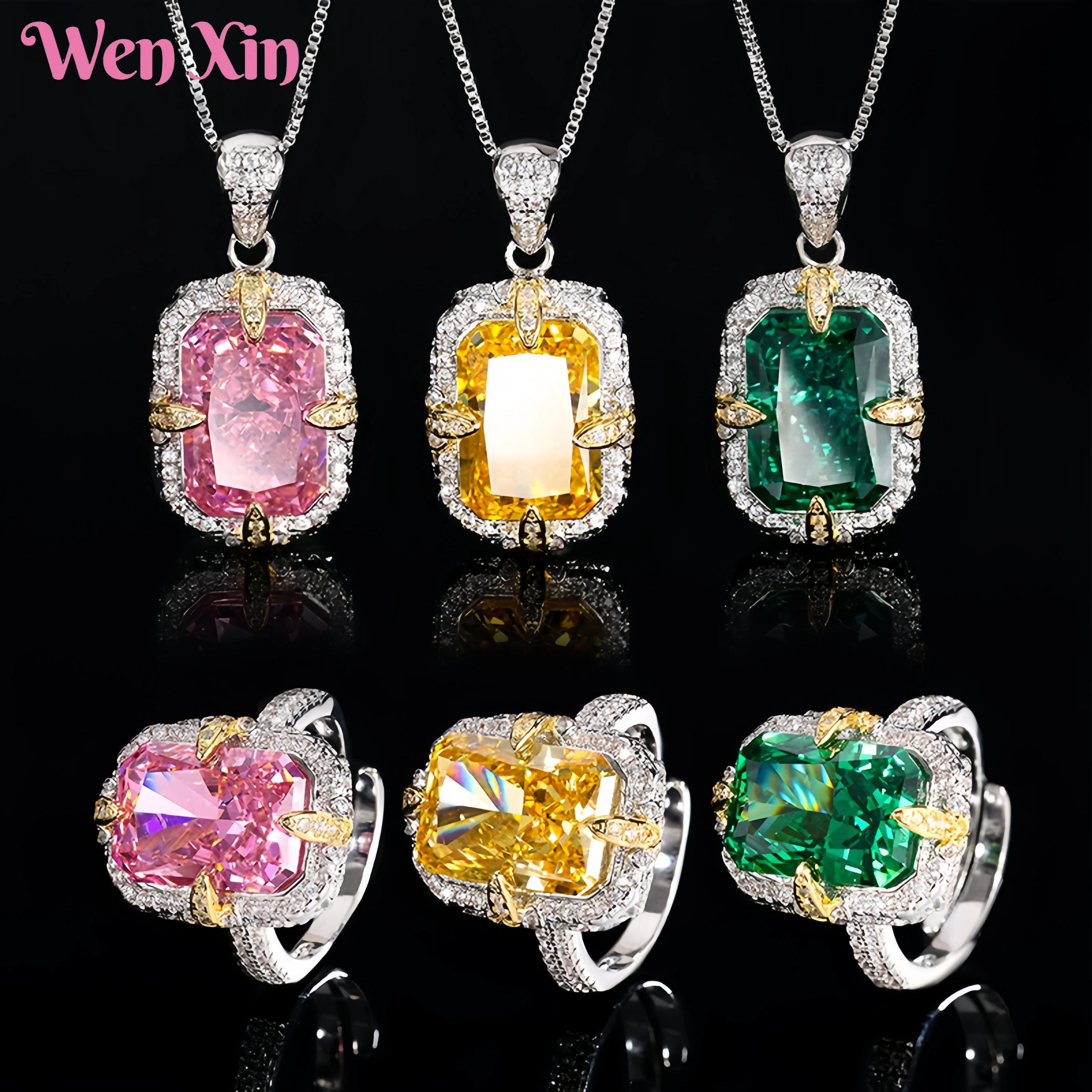 

WENXIN Brand MUSHAN MCT Copper High Carbon Diamond Ice Flower Ring Necklace Pendant Set Fashion Jewelry Accessories