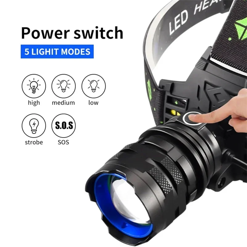 

Мощная фара с высоким люменом, светодиодный налобный фонарь, USB перезаряжаемый зум-налобный фонарик, водонепроницаемый фонарь, уличный кемпинг, рыбалка