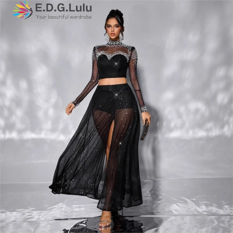

EDGLuLu Stand Collar Hot Stamping Splicing Mesh Long Sleeved Top+ High Slit Long Skirt See Through Black Two-Piece Set Suit 0811