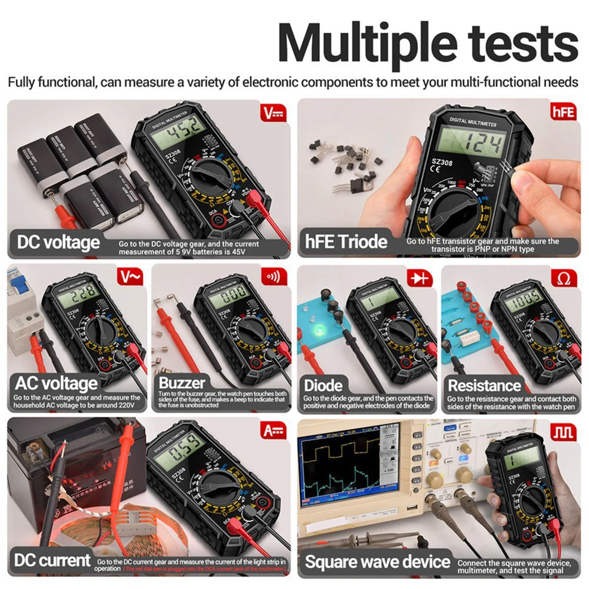 Le nouveau multimètre numérique SZ308 compteur de résistance de tension compteur de courant AC/DC électricien rétro-éclairage LCD Ohm Test d'onde carrée A
