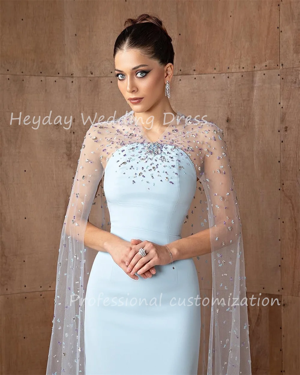 Heyday ชุดสวยที่กําหนดเองคอวี Ruched ตรง Crepe ชุดราตรีอย่างเป็นทางการพร้อมแยกชั้นความยาวชุดปาร์ตี้สําหรับผู้หญิง