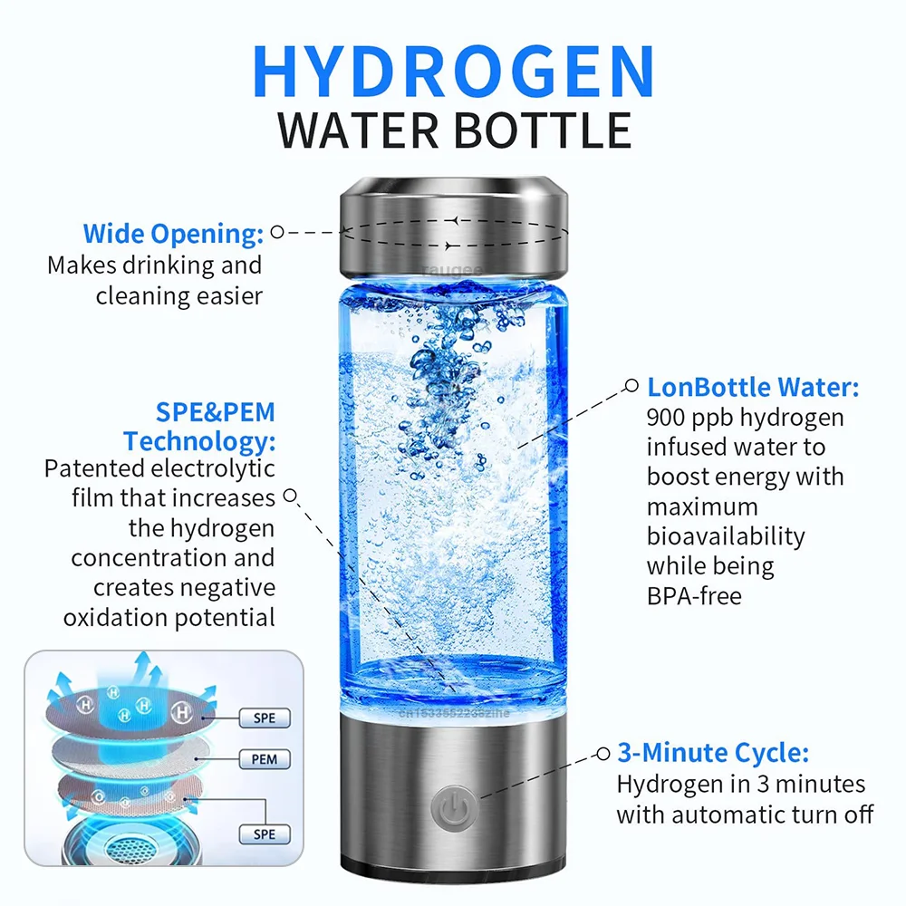 Botella de agua de hidrógeno, generador eléctrico de agua de hidrógeno, máquina de agua de hidrógeno recargable de 420ml para el hogar, oficina, viajes, deportes