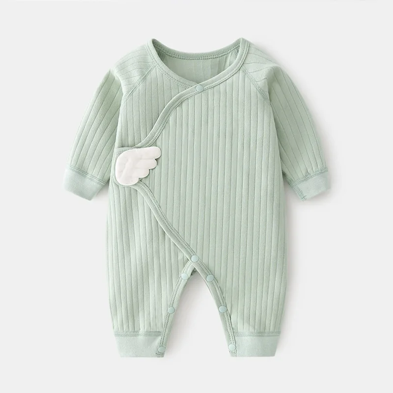 Macacão para bebês recém-nascidos, primavera e outono, algodão puro, sem costura, decoração fofa com asas, roupa macia para dormir e brincar, para bebês, meninos e meninas