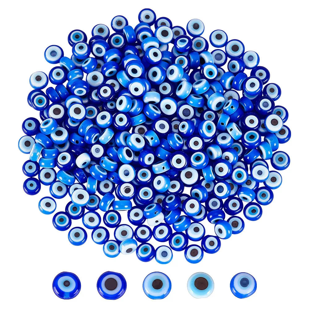 300Pcs Lampwork Beads Handmade Flat Round Spacer Beads 4.5mm Blue Charms Turkish Eye Bead for Bracelets Necklace Earring Jewelry