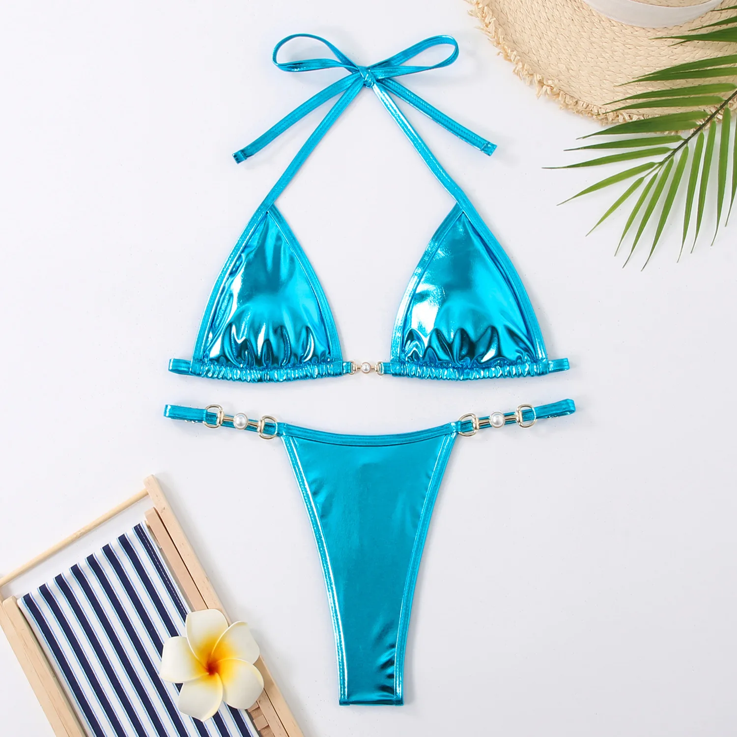 Sexy Women Contrast Piping Chain Link Halter Bikini Set Two Tone Swimsuit Beach Bathing Suit Summer Holiday Vacation