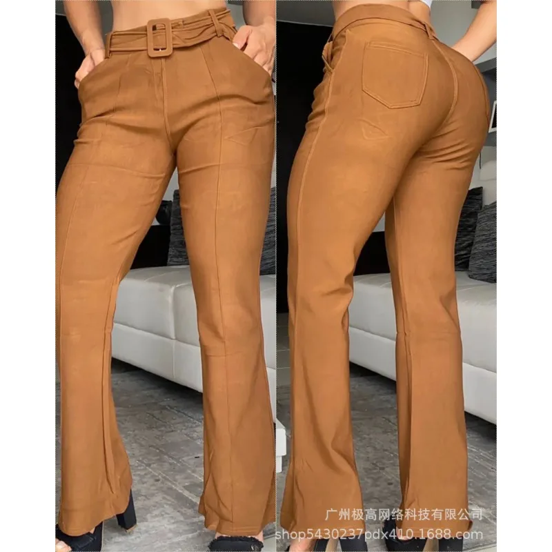 

Wepbel Y2K Solid Color Belt Pants Women Summer High Waist Office Lady Trousers Pockets Straight Flat Full Length Office Pants