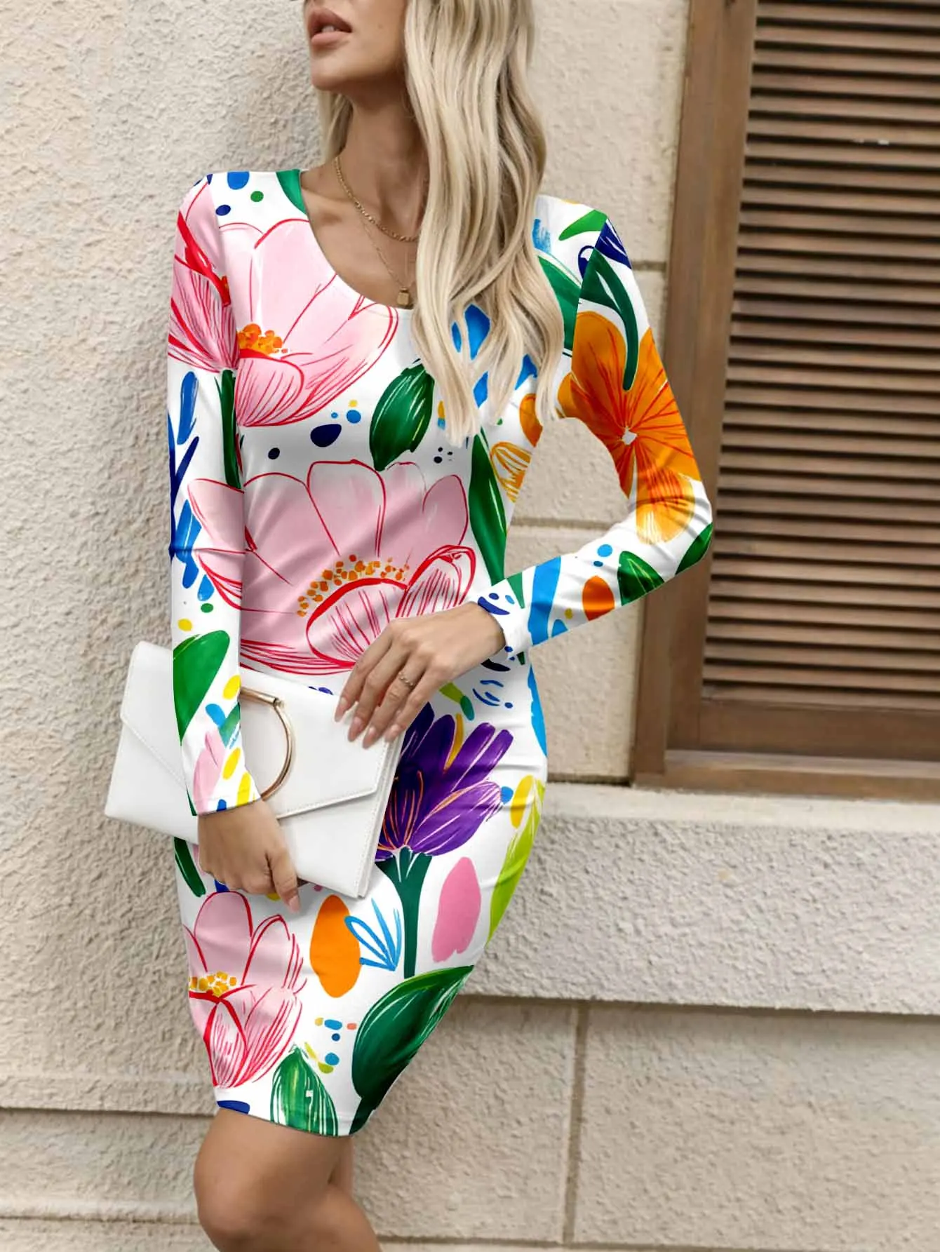 Simple V-neck long sleeved printed one-step dress for women's daily versatile slim fit temperament dress