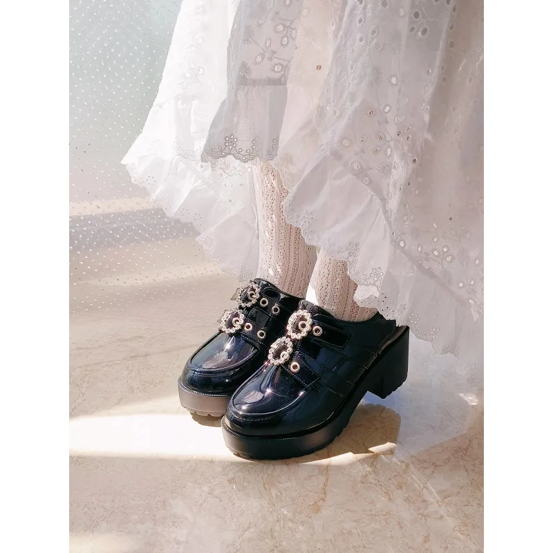 Japanese Mine Series Round Drill Buckle JK Patent Leather Shoes Student Mass-Produced Platform High Heels Uniform Girl Shoes