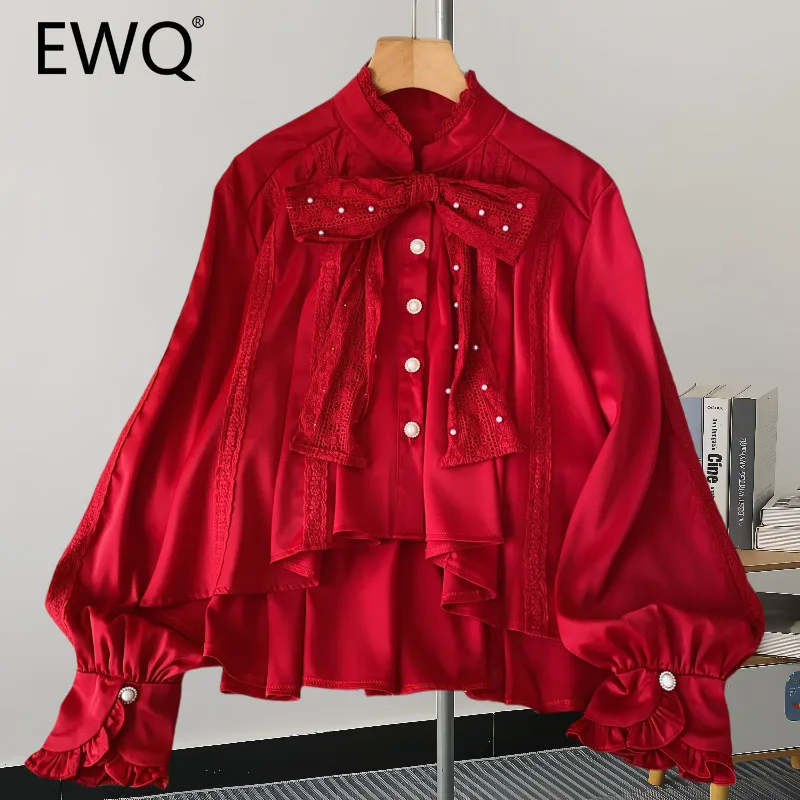 EWQ Sweet Bow Spliced Lace Irregular Design Red Blouse Long Sleeve Single Breasted Loose Chic Women Shirts 2025 Spring New X200