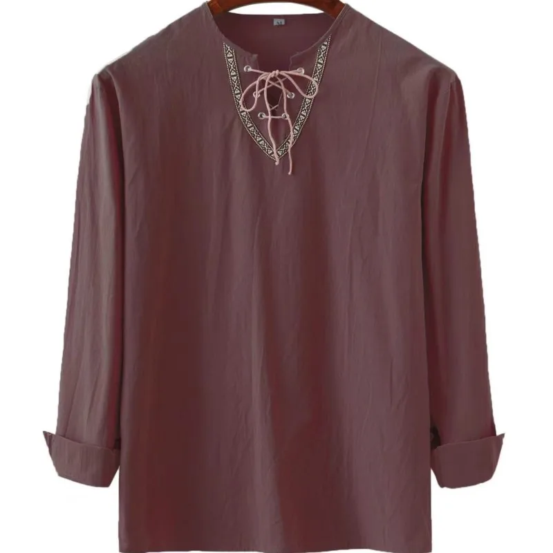 Retro algodão linho masculino solto cor sólida gola com cordão camisa de manga comprida 2026 primavera/outono camisa casual masculina