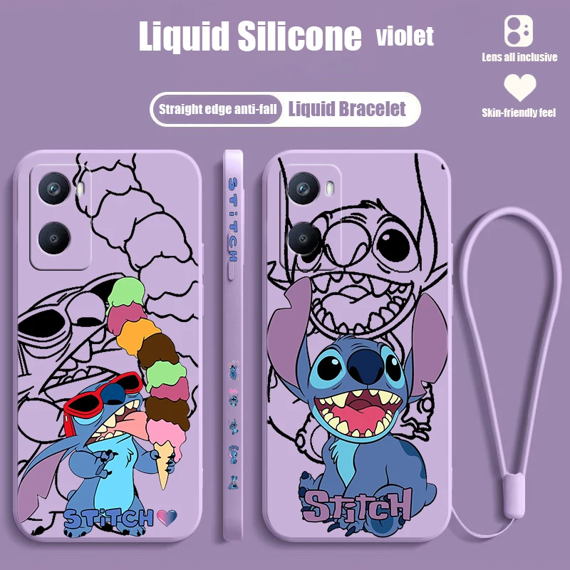 Cartoon Lilo Stitch Cute For OPPO A98 A96 A94 A93 A77S A76 A74 A73 A72 A57E S A56S Liquid Left Rope Silicone Phone Case