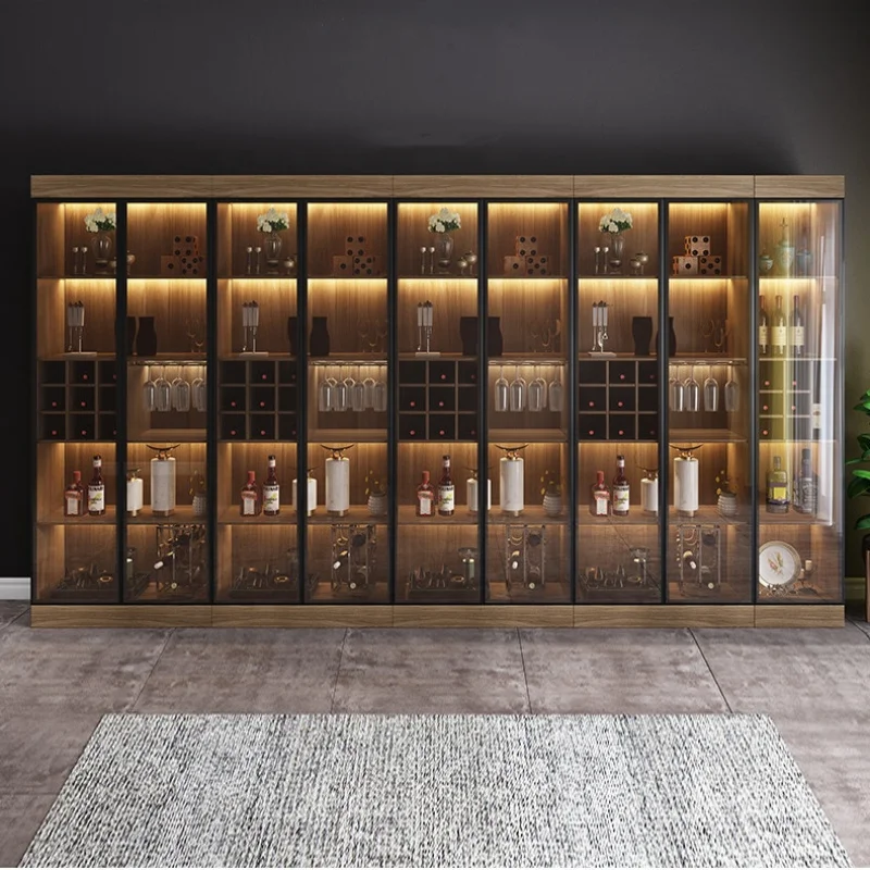 （customized）High-end Red Wine Display Shelf Alcohol Showcase with LED Light Wine Shop Furniture Wooden Wine Display Cabinet