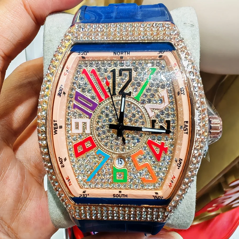 Colored Dial Face Full Diamond Hot Selling High Quality Tonneau Quartz Watches Men Luxury Metal Hip Hop Male Clock Watch Reloj
