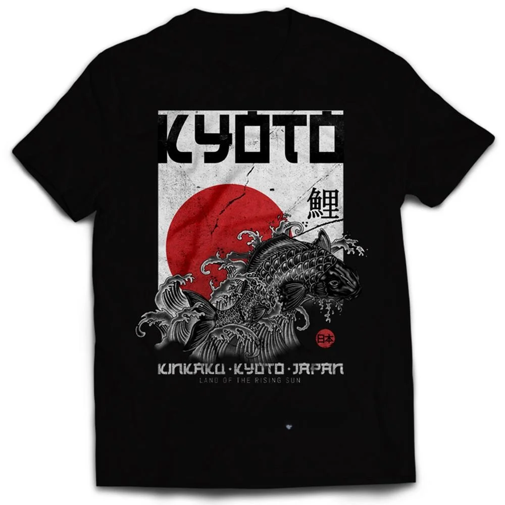 Kyoto Koi Fish Japan Flag Anime T-shirt Men O-neck Short Sleeve Tshirt Cotton Tees Streetwear