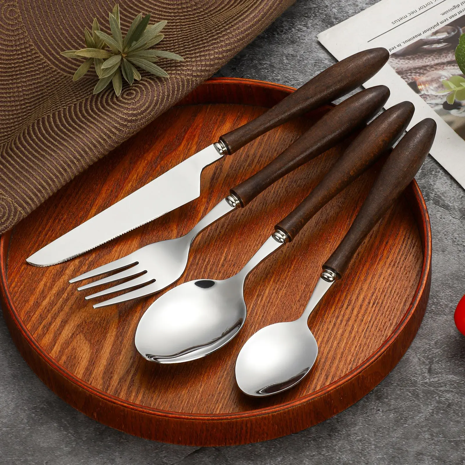 Retro Wooden Handle Cutlery Set, Stainless Steel Western Tableware for Afternoon Tea & Dessert