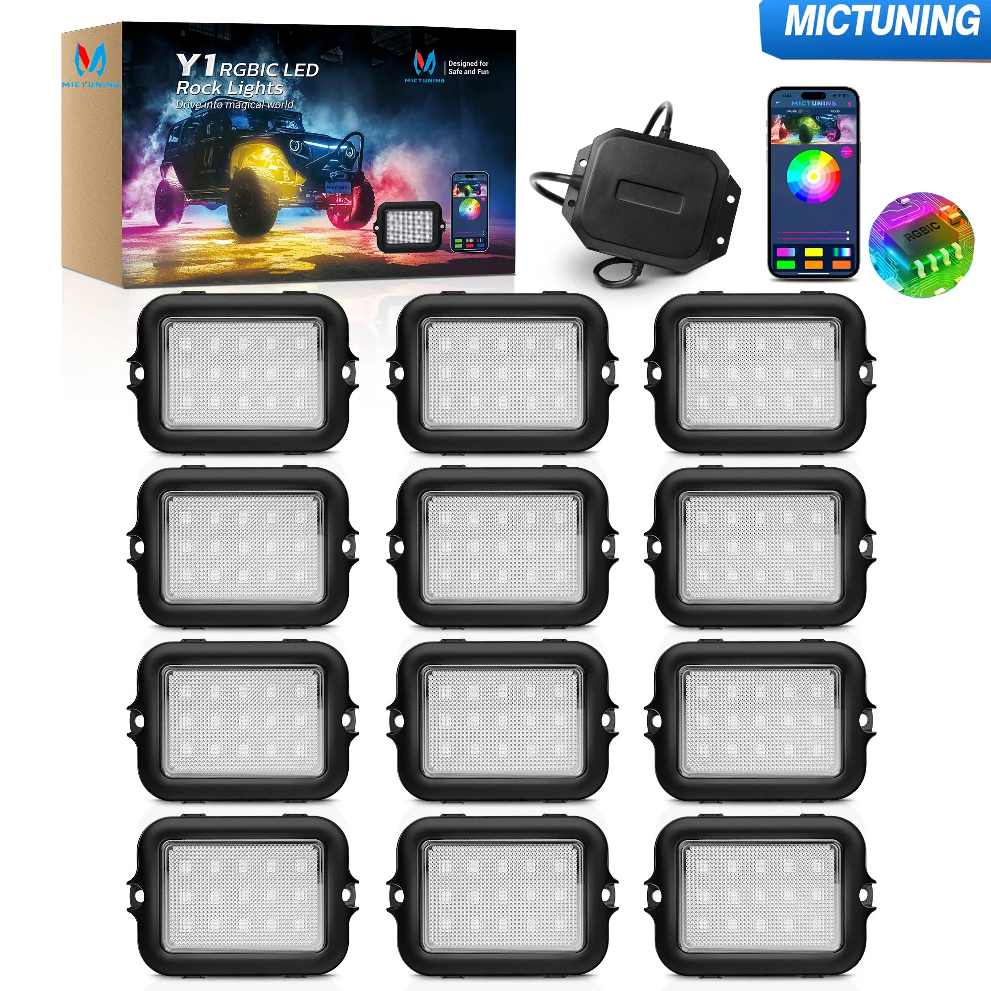 

MICTUNING Y1 Extensible RGB+IC 12 Pods LED Rock Lights Kit Lighting Kit with Wireless APP Control DIY Effect for Offroad Truck