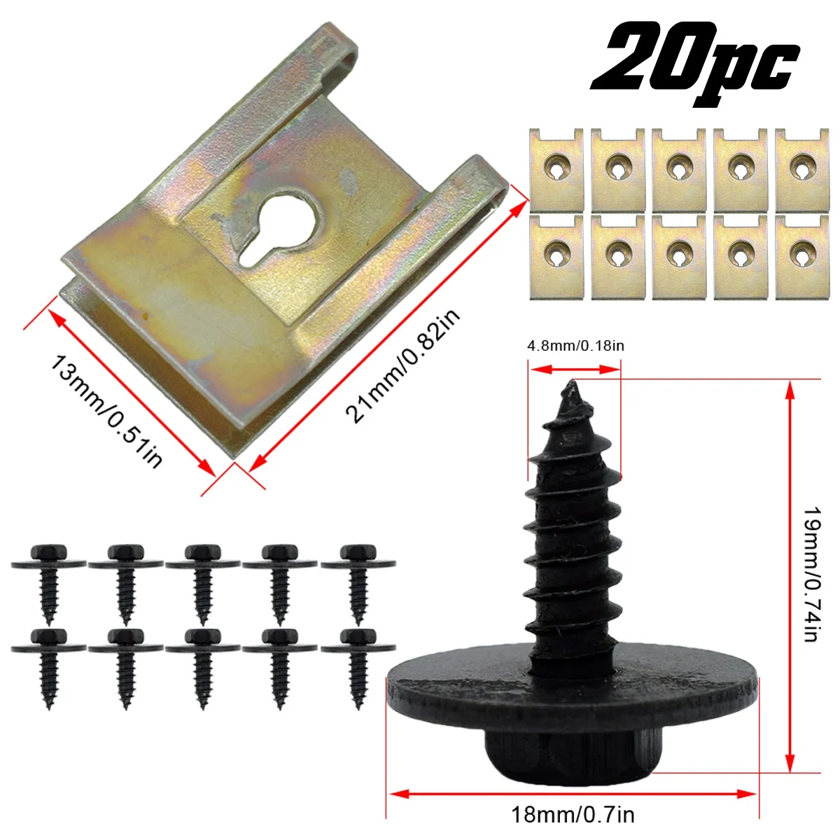 20pc Chassis Engine Guard Metal Nut/Screw Washers U-shape Clip Auto Fender Bumper Cross Head Screws For BMW Hex Speed Fastener ﻿