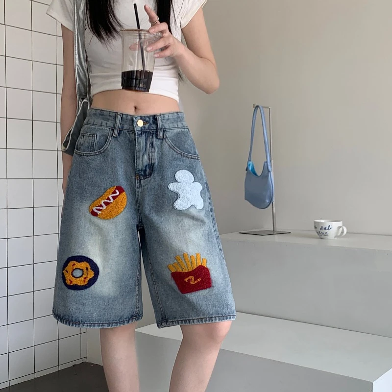 Washed Vintage Denim Pants Women Appliques High Street Straight Leg Loose Pants Fashion Casual Versatile Short Jeans Female