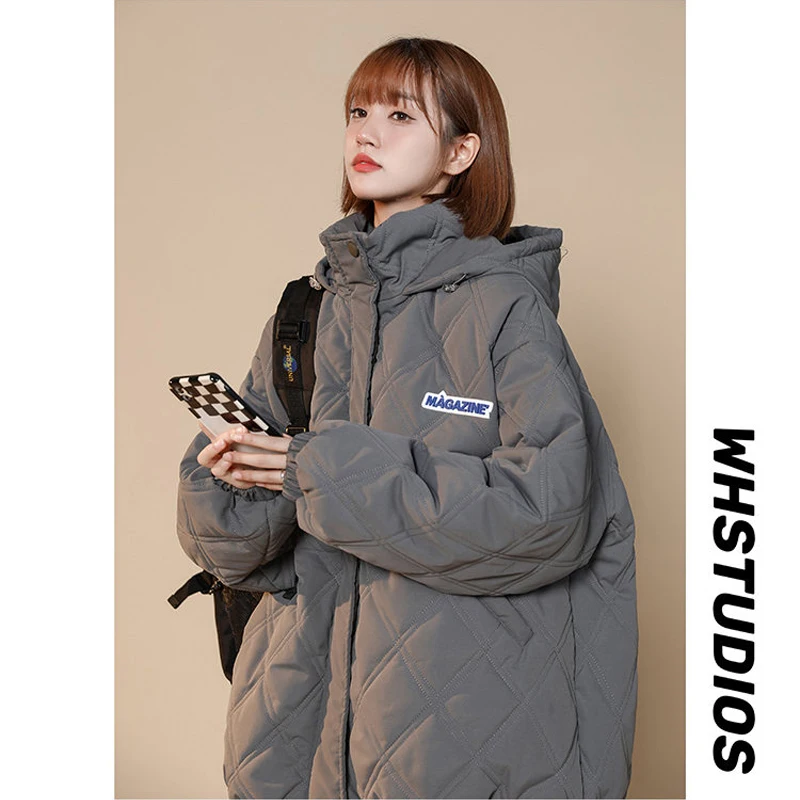 

Deep ey Diamond Patterned Men's Cotton Jaet Winter Hooded Oversize Couple's American Sle Casual Coat Youth ular