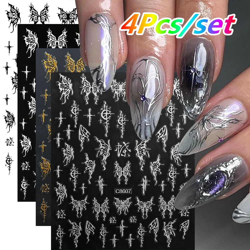 4 Blatt/Set Römischer Buchstabe Nagelaufkleber 3D Laser Gold/Silber/Schwarz/Weiß Buchstaben Nagelaufkleber DIY Altes Alphabet Maniküre Slider NK*4