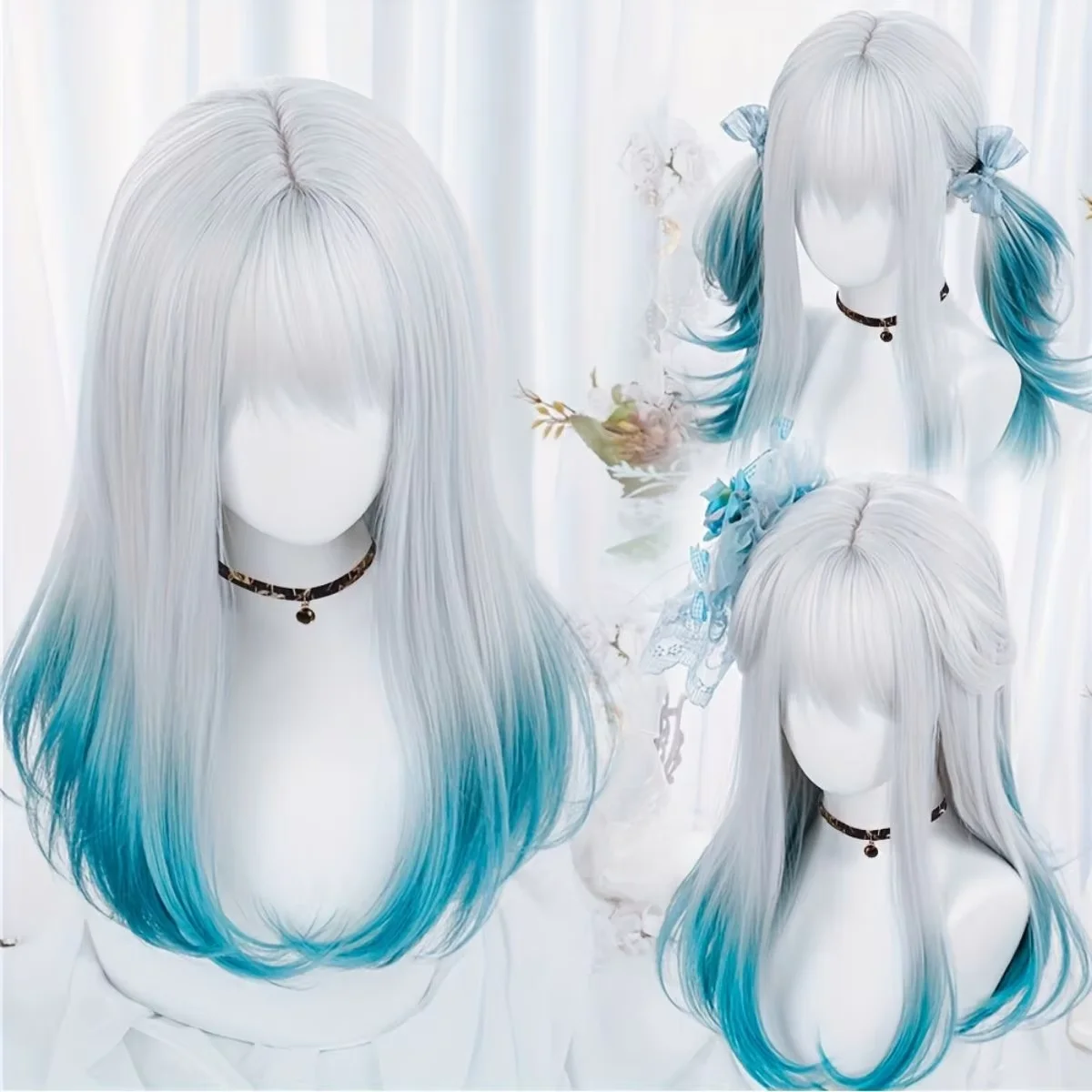 2025 nueva moda azul y blanco gradiente flequillo fibra recta peluca sintética cola de caballo anime fiesta cosplay