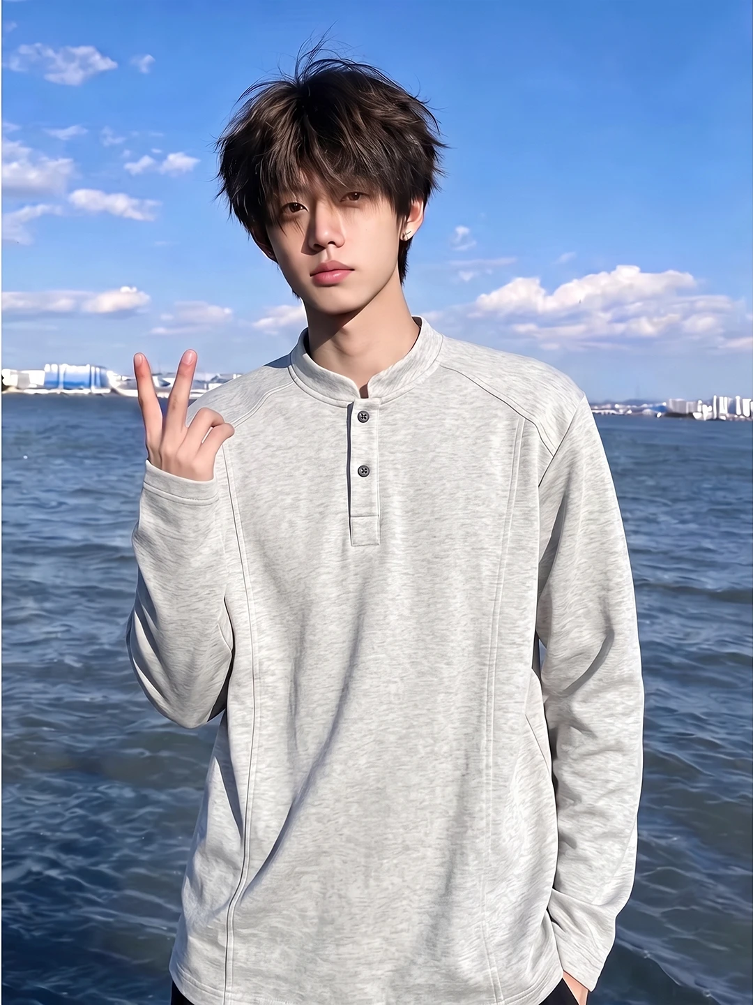 American Style Loose Long Sleeve Henry Collar T-Shirt Men's Autumn Deconstructed Patchwork Casual Inner Wear Heavy Sweatshirt