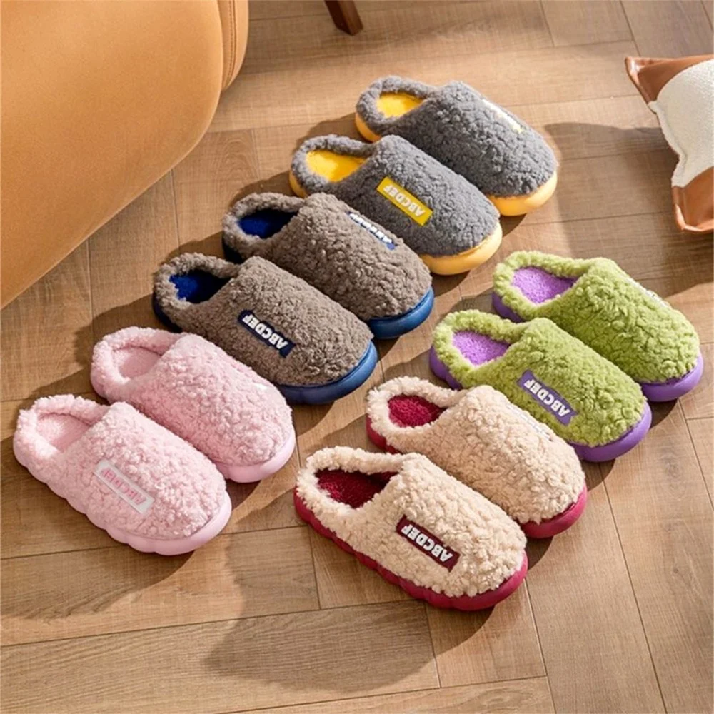 Fashion Winter Plush Couple Cotton Slippers for Women Men Cute Cartoon Anti-slip Solid Color Thick Soles Slides Indoor Home Use