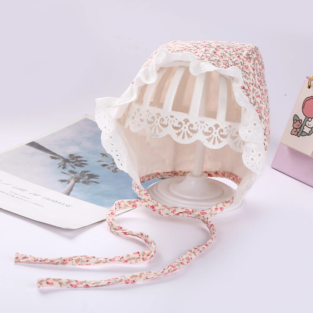 Cotton Baby Sun Bucket Hat Retro Flower Rainbow Print Lace Up Palace Beanie Adjustable Tie Cap 0-12M Newborn Photography Props