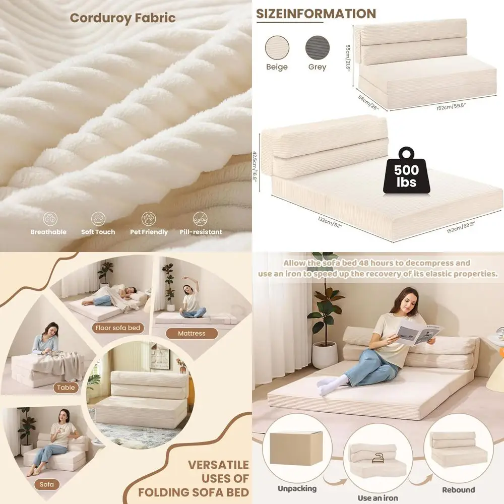 

Трансформируемое кресло-кровать с матрасом-подушкой, раскладной диван-кровать 2-в-1, портативный диван для гостиной или спальни (бежевый)