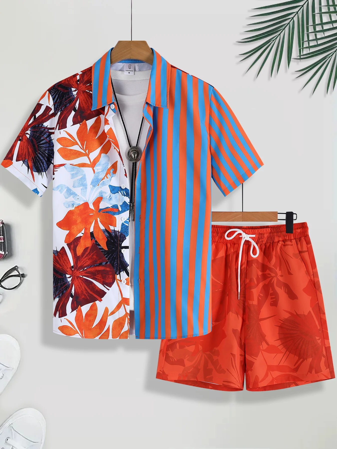

Men's Orange & Blue Color Block Striped & Floral Print Casual Set 2 Piece Cuban Collar Shirt & Drawstring Shorts Outfit