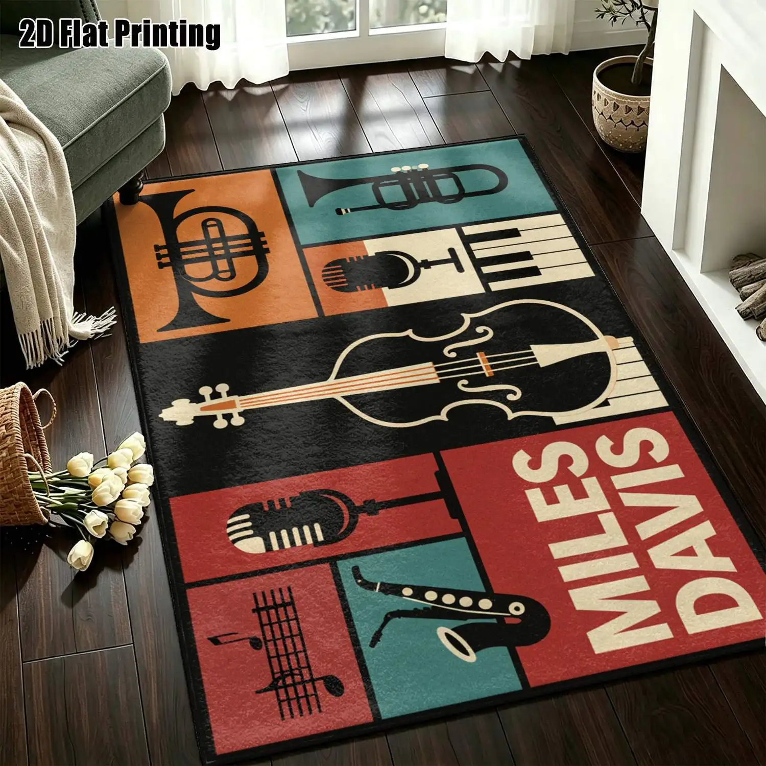 1Pc 2D Printed Retro Musical Instrument Pattern Carpet Suitable for Home Decor, Available in Multiple Sizes, Machine Washable, Ideal for Living Room, Bedroom, Dining Room, Entryway, Study.