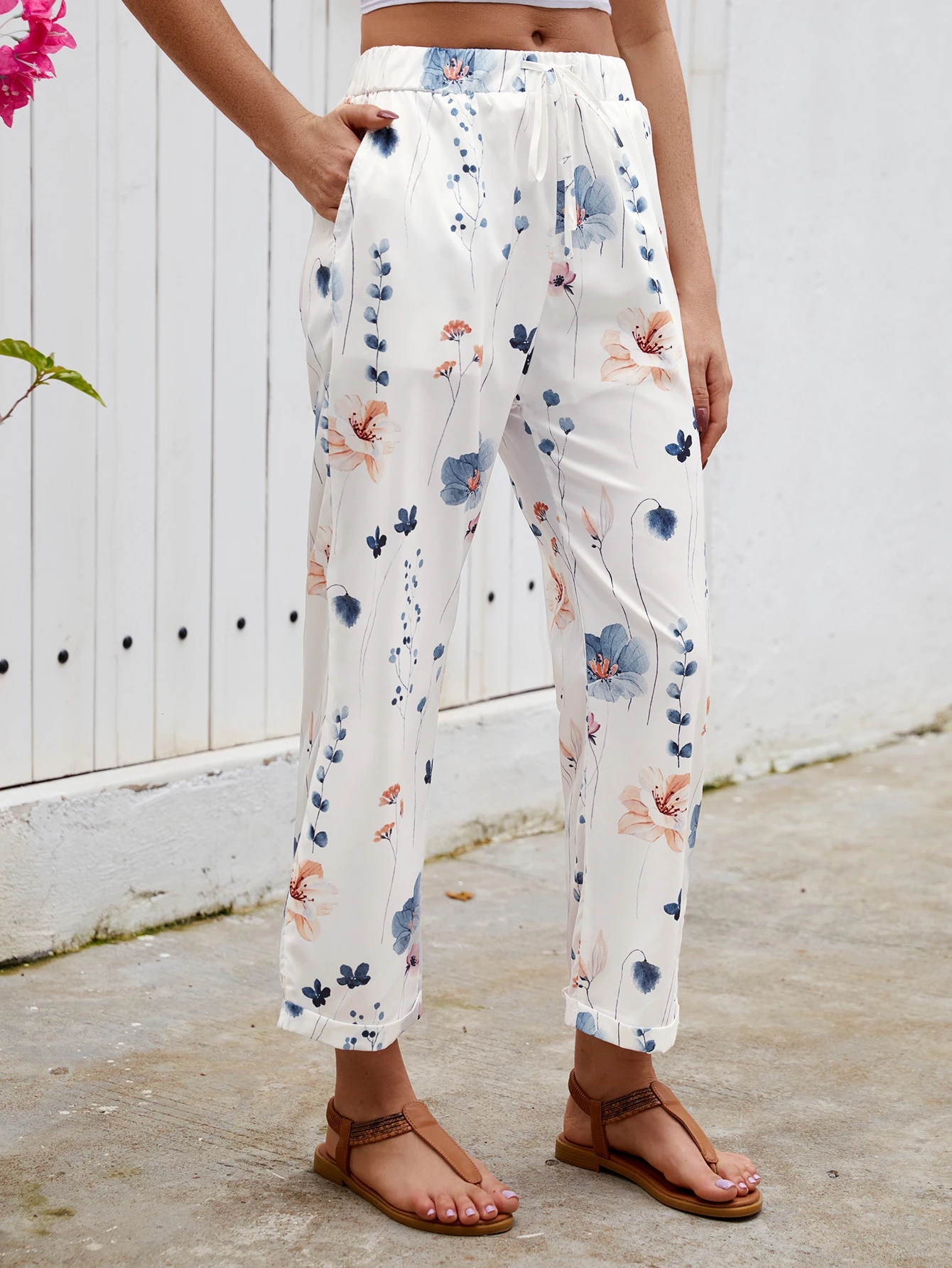 Women Fashion Elastic Waist Long Trousers Pockets Casual Floral Printed Loose Female Elegant All-Match Straight Pants New