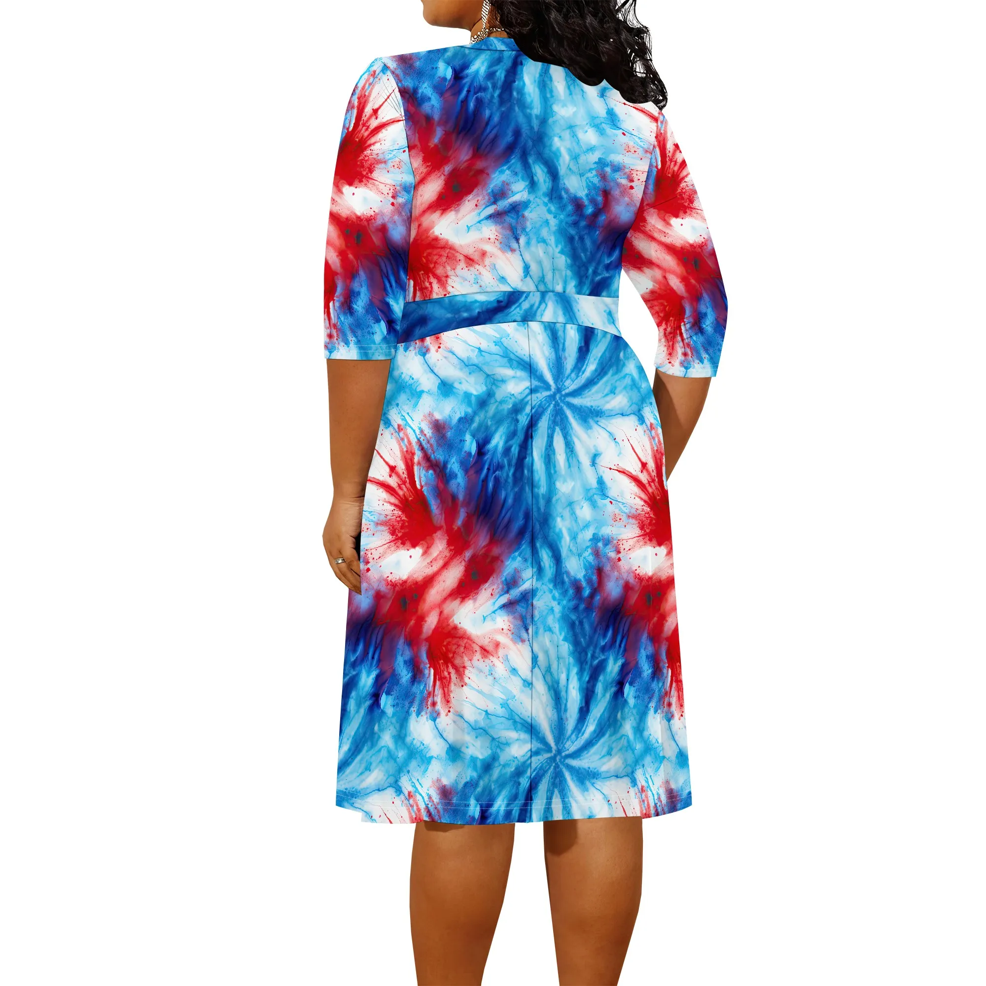 American Tie-Dye Plus Size Wrap Dress XL-6XL V-Neck 3/4 Sleeve Midi Dress for Women Patriotic Summer or Fourth of July