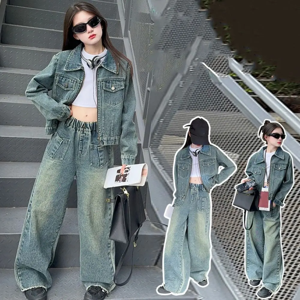 

Two Pieces Set Y2K Children Cowboy Set Loose Teens Jeans Jacket Suit Retro Wide Leg Pants Girls Clothes Set Party