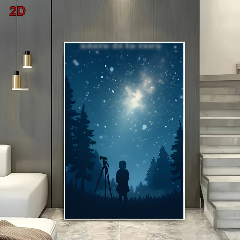 Impresión artística de pared en lienzo sin marco, minimalista, nórdico, plano, 2D, chica de noche estrellada con telescopio y silueta de bosque de pino nevado, Ser