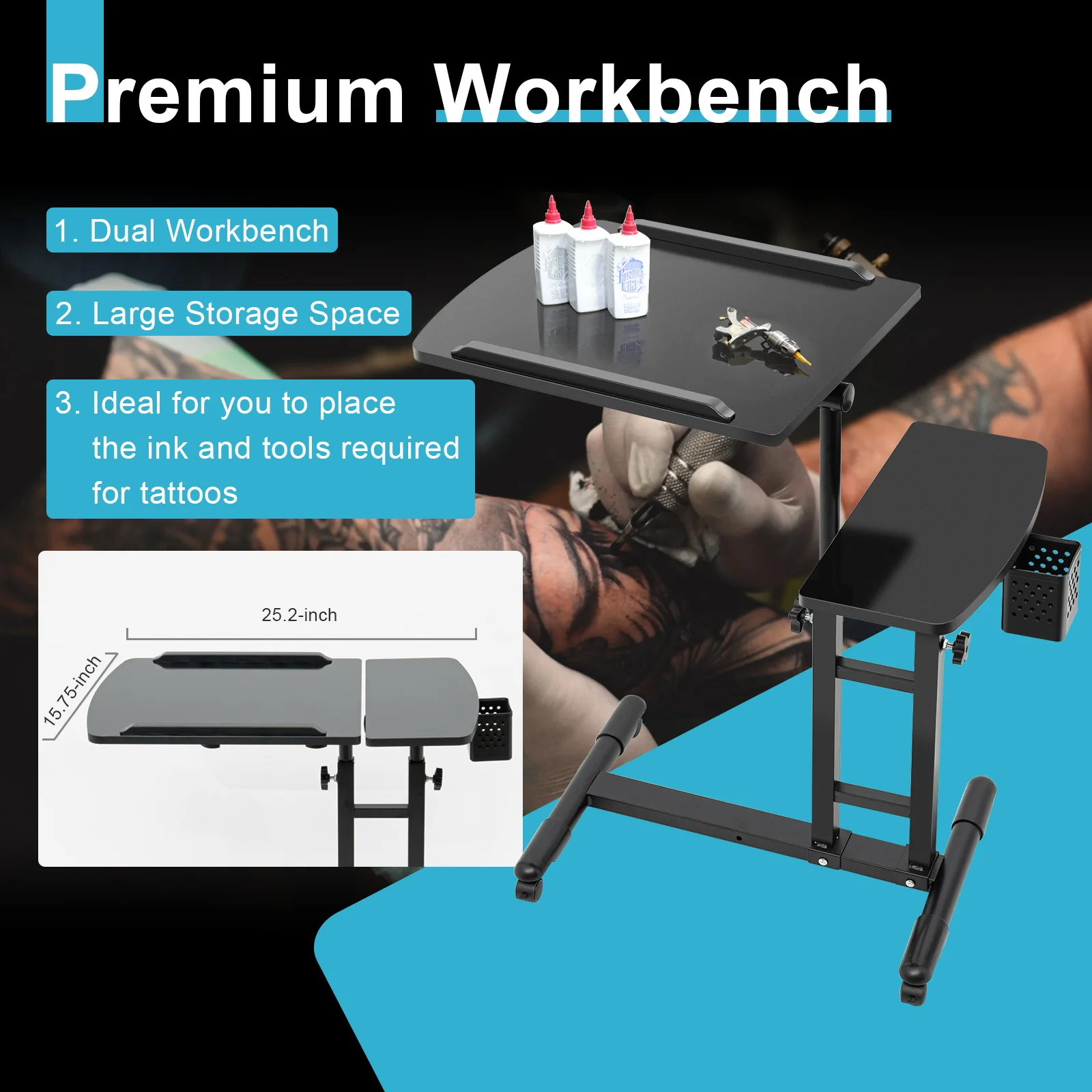 

Adjustable Tattoo Workbench, Rolling Cart with Locking Wheels & Dual Tabletop, Removable Pen Frame Tattoo Table Station