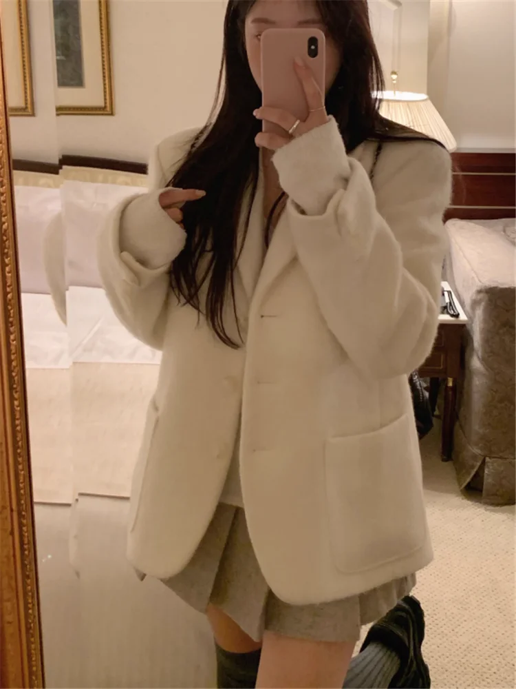 معطف صوفي طويل كريمي لطيف على الطراز الكوري موضة خريف وشتاء جديدة سترة فضفاضة غير رسمية أنيقة عتيقة سترة صوف أنيقة ملابس خارجية #5