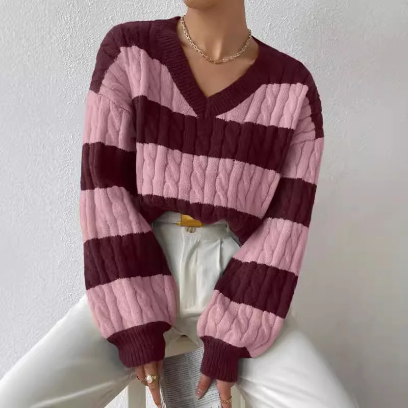 Autumn Long Sleeve V Neck Tops Loose Stripes Knitted Sweater T Shirt 2025 Fashion Pullover Harajuku Women Clothing Jumper