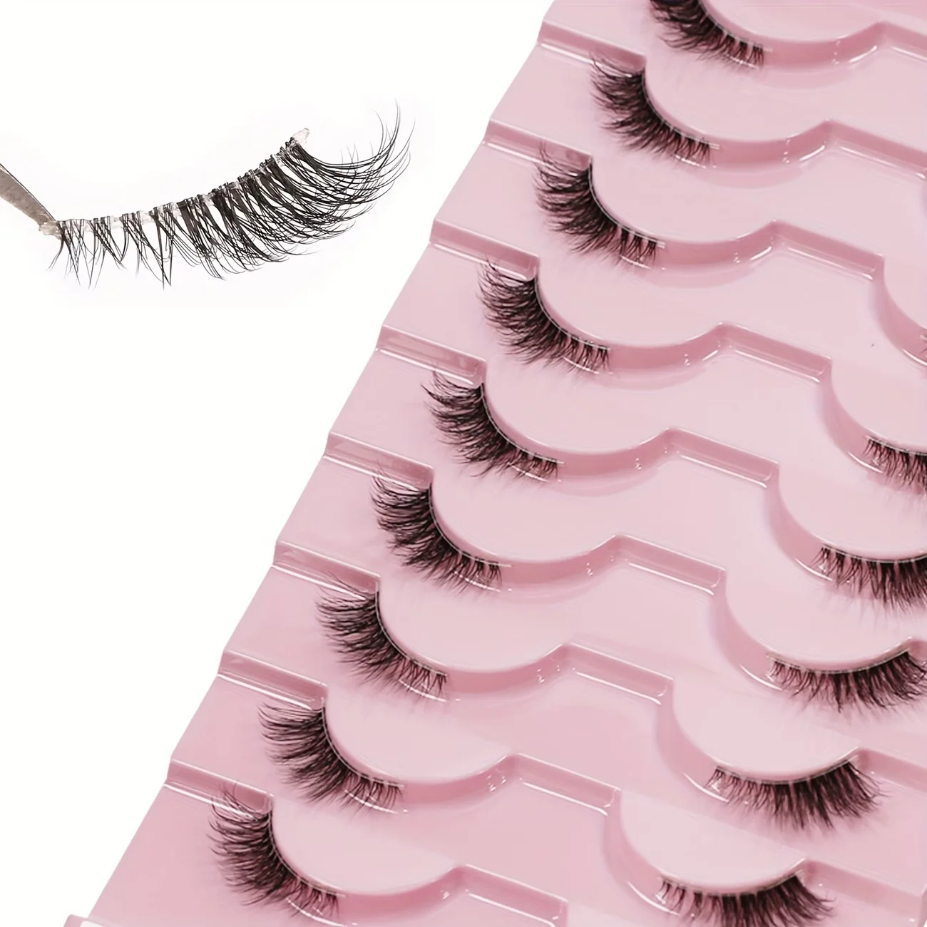 Half Lashes, Natural Look – 10 Pairs Thick Cat Eye Lashes, 10mm Wispy Lashes with Clear Band, Short False Eyelashes